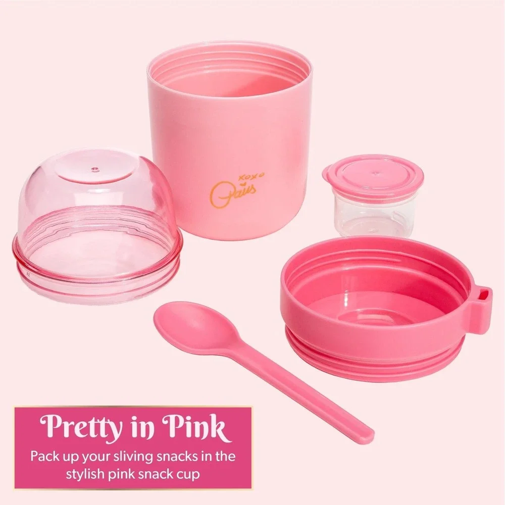 Paris Hilton Pink‎ Bow Snack Cup with Spoon – 3 Compartments, On-the-Go Lunch